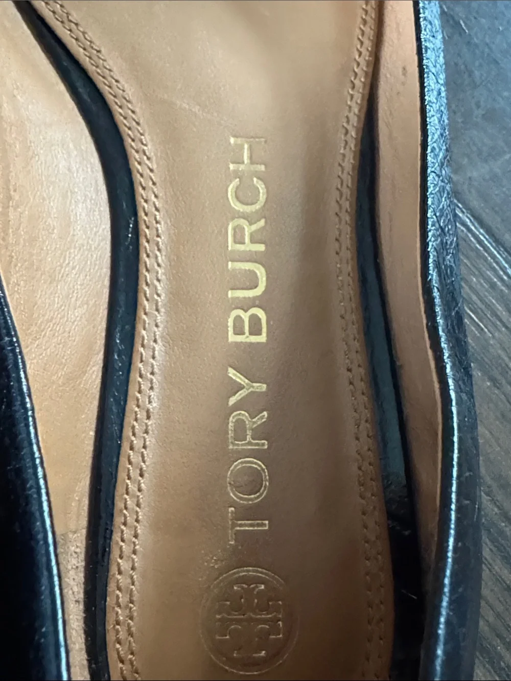 Tory Burch Black Leather Square-Toe Logo Flats